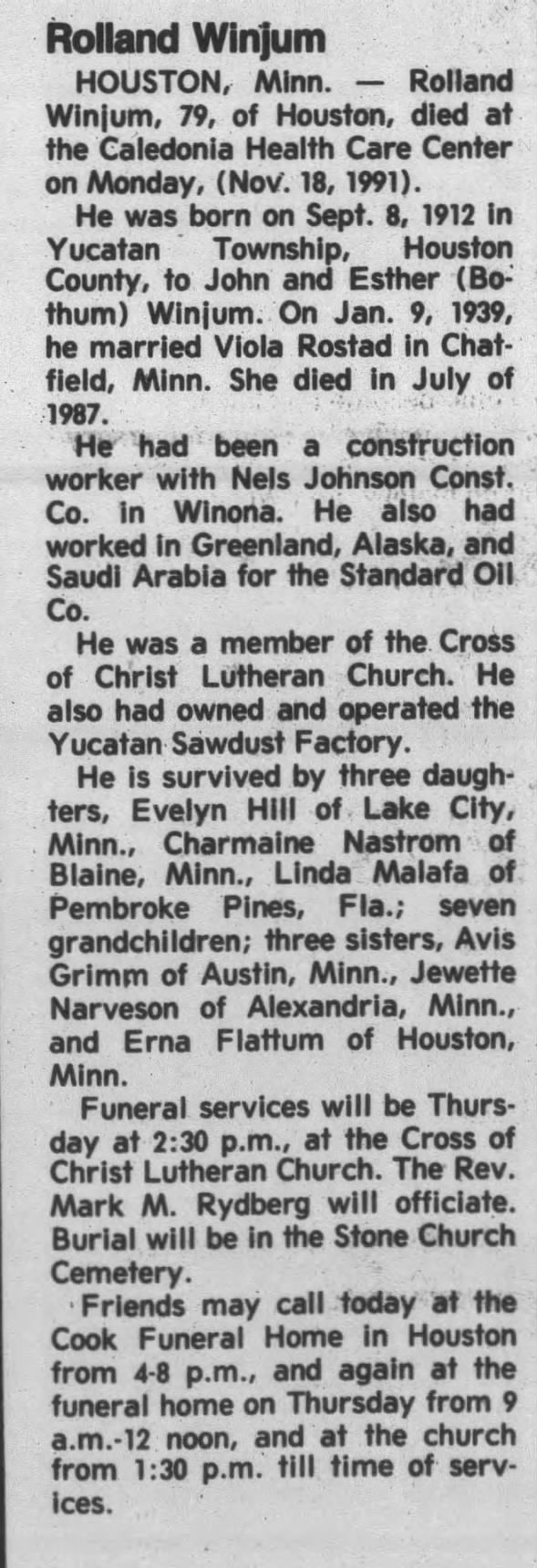 Obituary for Rolland Winjum, 1912-1991 (Aged 79)